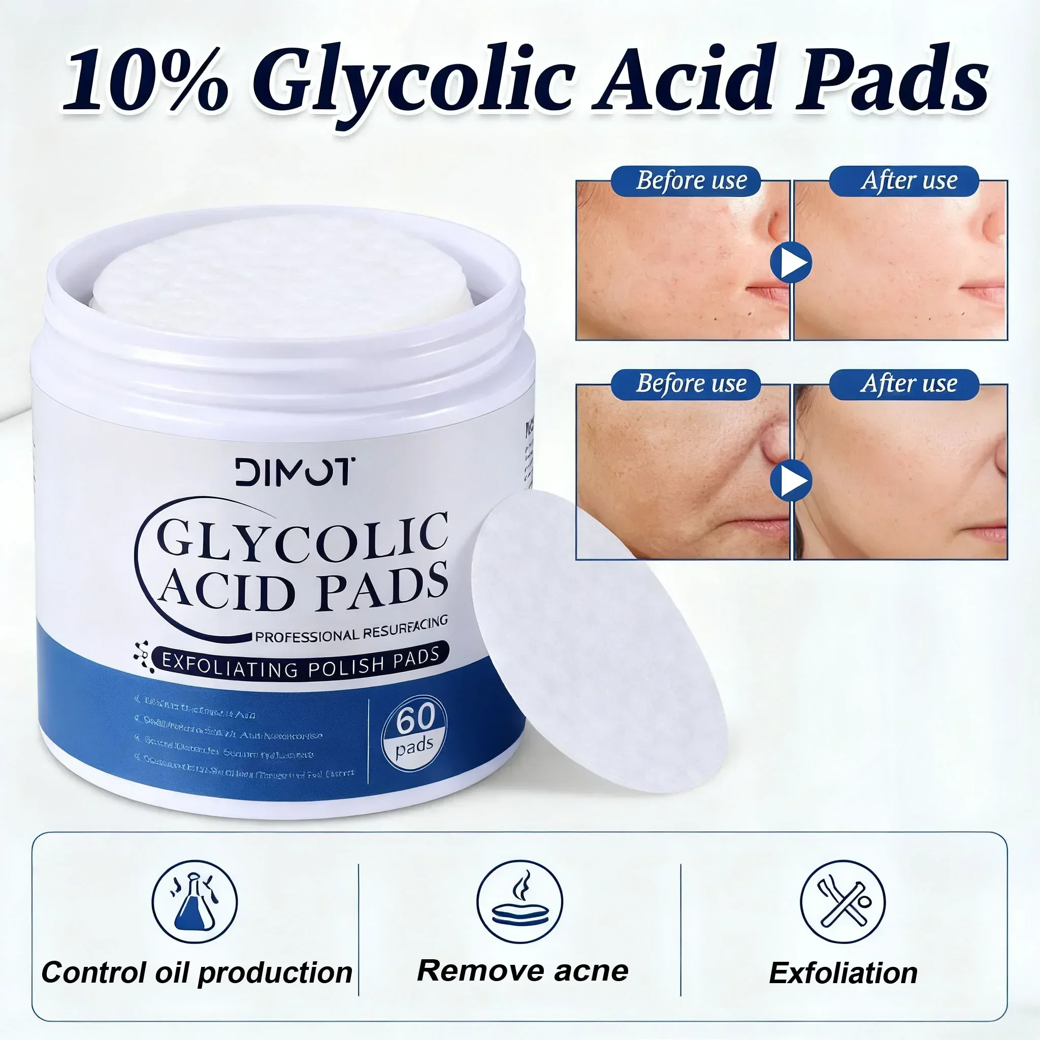 Glycolic Acid Exfoliant - แผ่นกรดไกลโคลิกทำความสะอาดรูขุมขน (60 ชิ้น) - ความเข้มข้น 10%